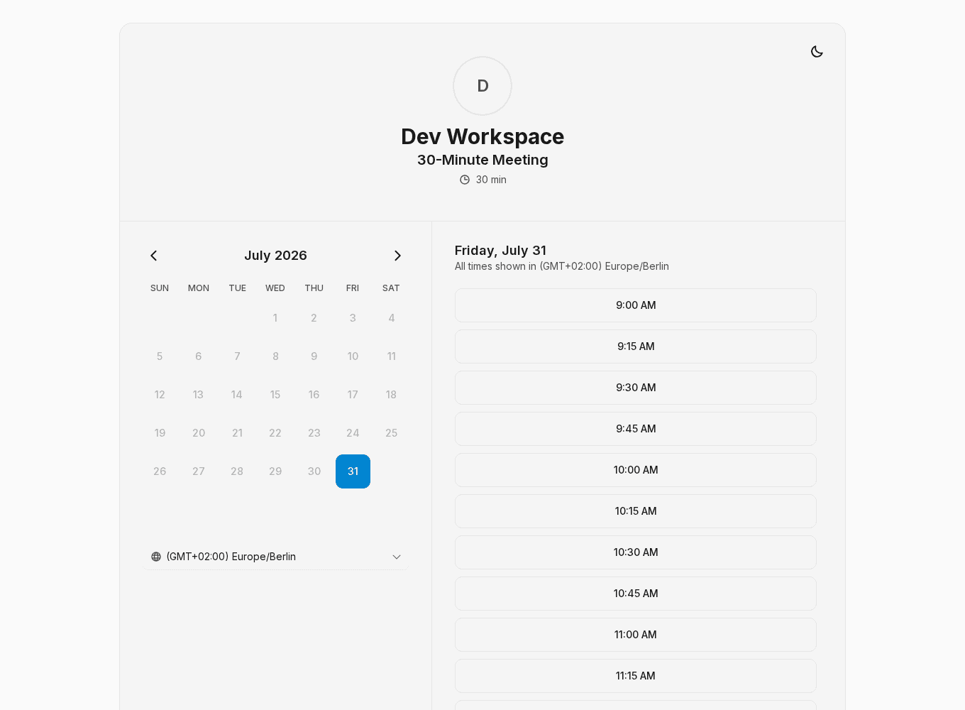 A public booking page hosted on an Outlook connection, offering half-hour times from 9:00 AM onward on Friday, July 31 — the times that remain after the host's Outlook calendar has been checked for conflicts