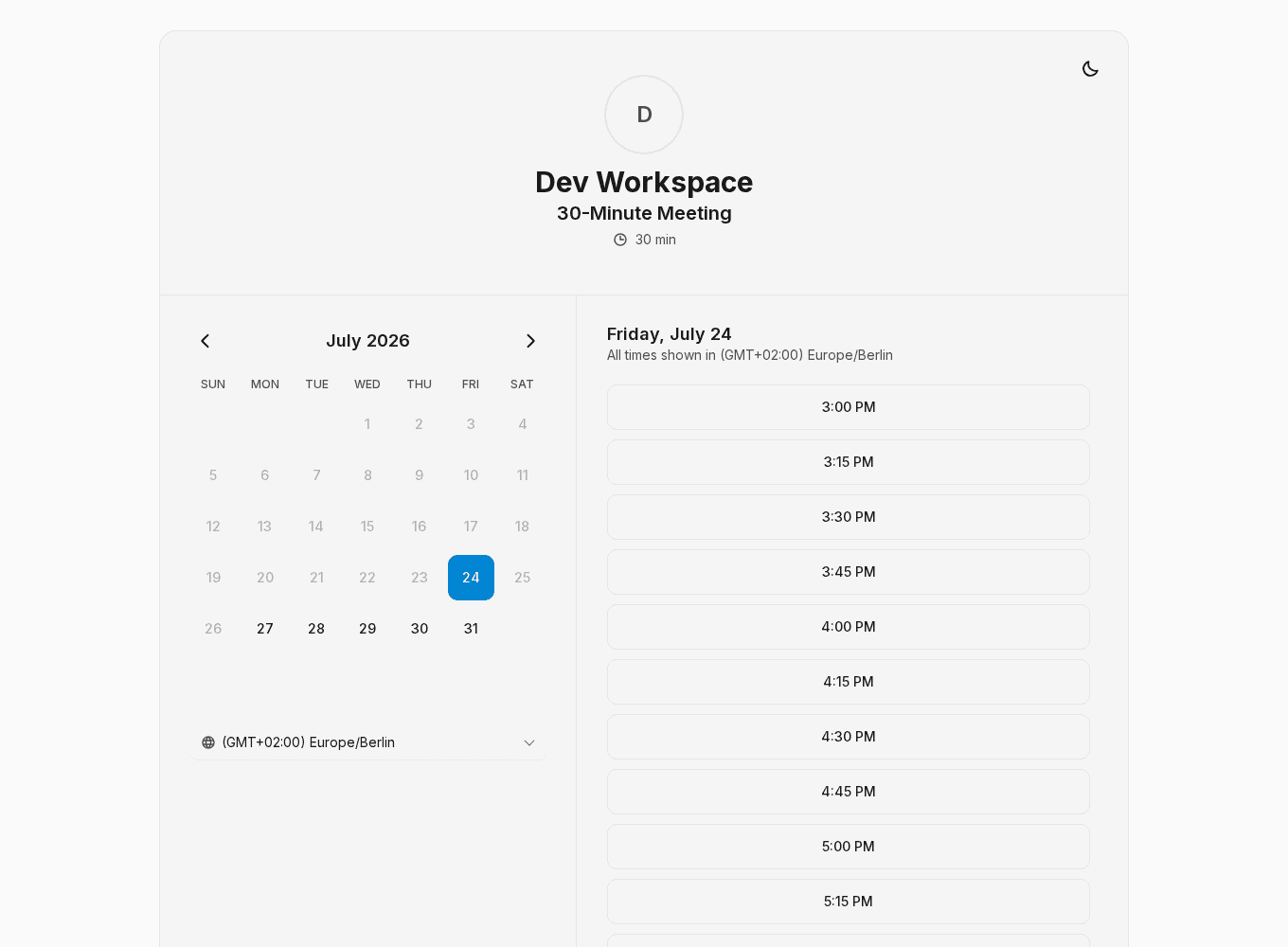 A public booking page opened from a browser in Berlin, showing the available times in Berlin time with "All times shown in (GMT+02:00) Europe/Berlin" above the slot list and the same zone selected in the timezone picker below the calendar