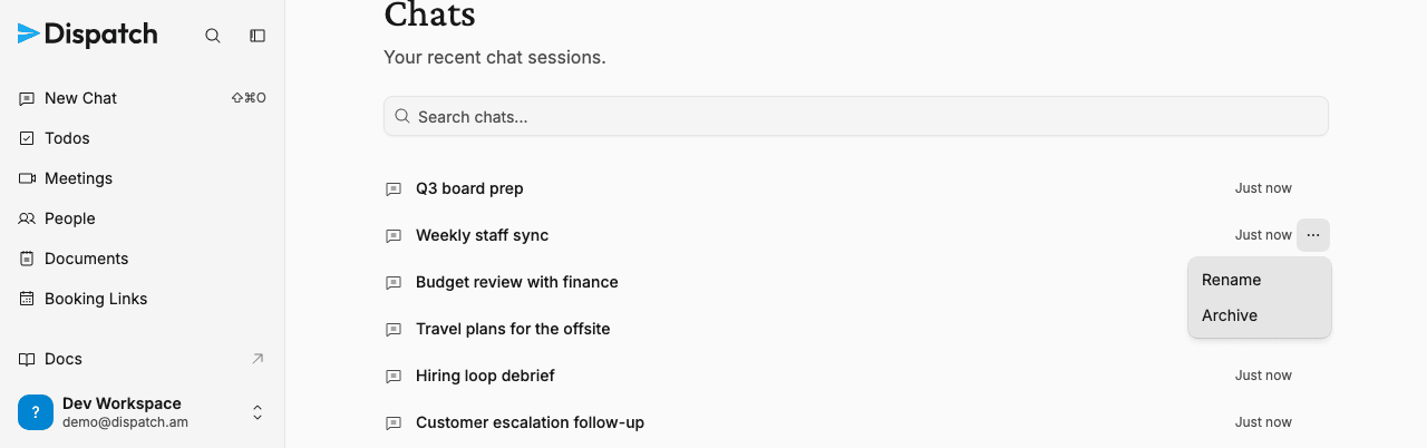 The chats list with a row's overflow menu open, showing Rename and Archive actions