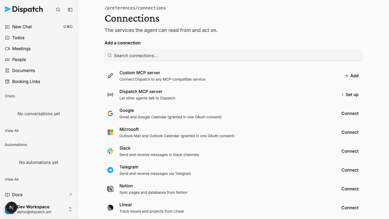The redesigned Connections page: a search box over a single calm list, with the Custom MCP server and Dispatch MCP server pinned at the top and connectable services below