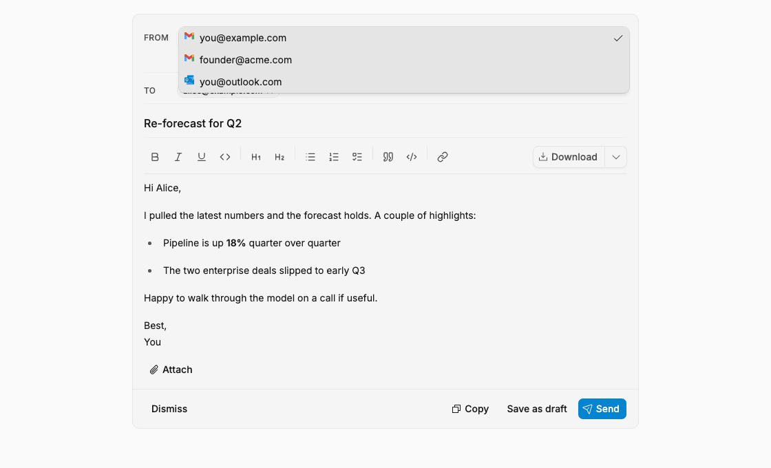 An email draft card in chat with the From field open as a dropdown, listing three connected sending accounts — two Gmail addresses and one Outlook address, each with its provider icon — so you can pick which one the email sends from