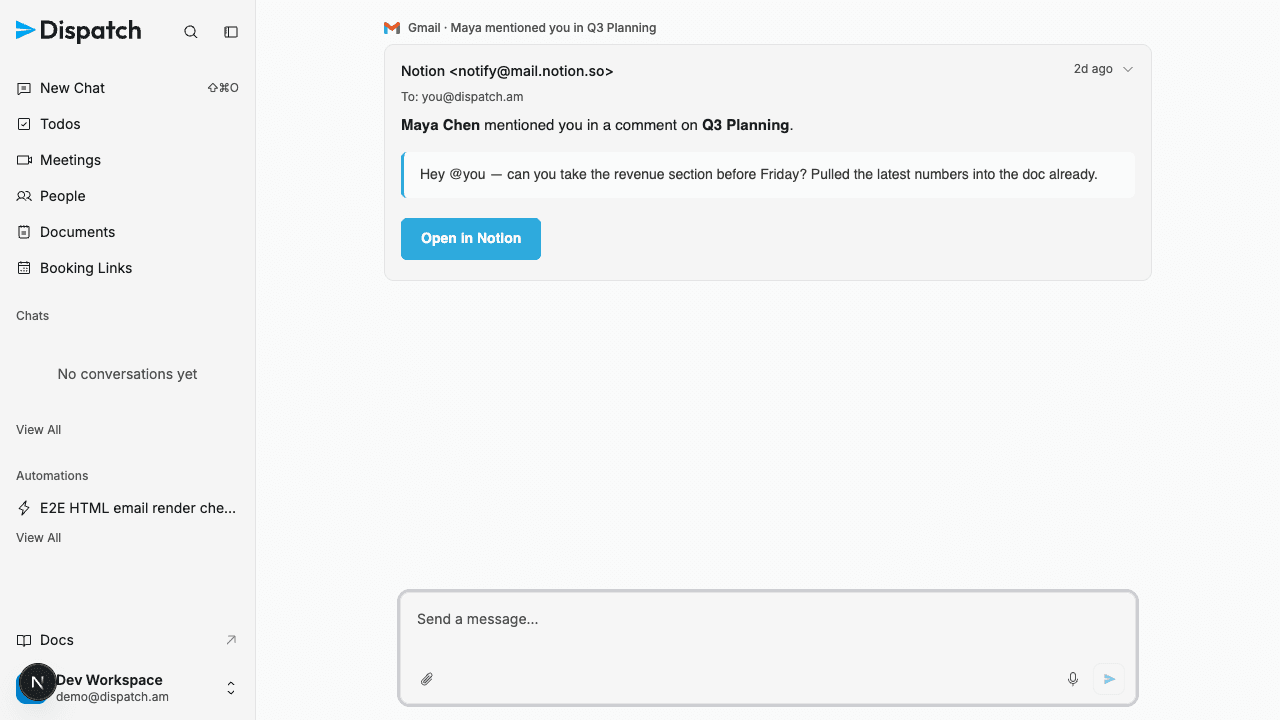 An email card in chat showing a Notion notification rendered as real HTML — bold names, a quoted comment, and an "Open in Notion" button — instead of flattened plain text