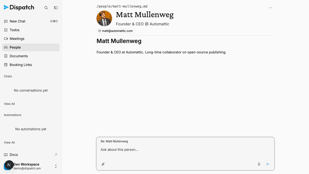 A person profile in Dispatch showing a real sourced profile photo in the avatar — a genuine headshot pulled from Gravatar — instead of an initials placeholder