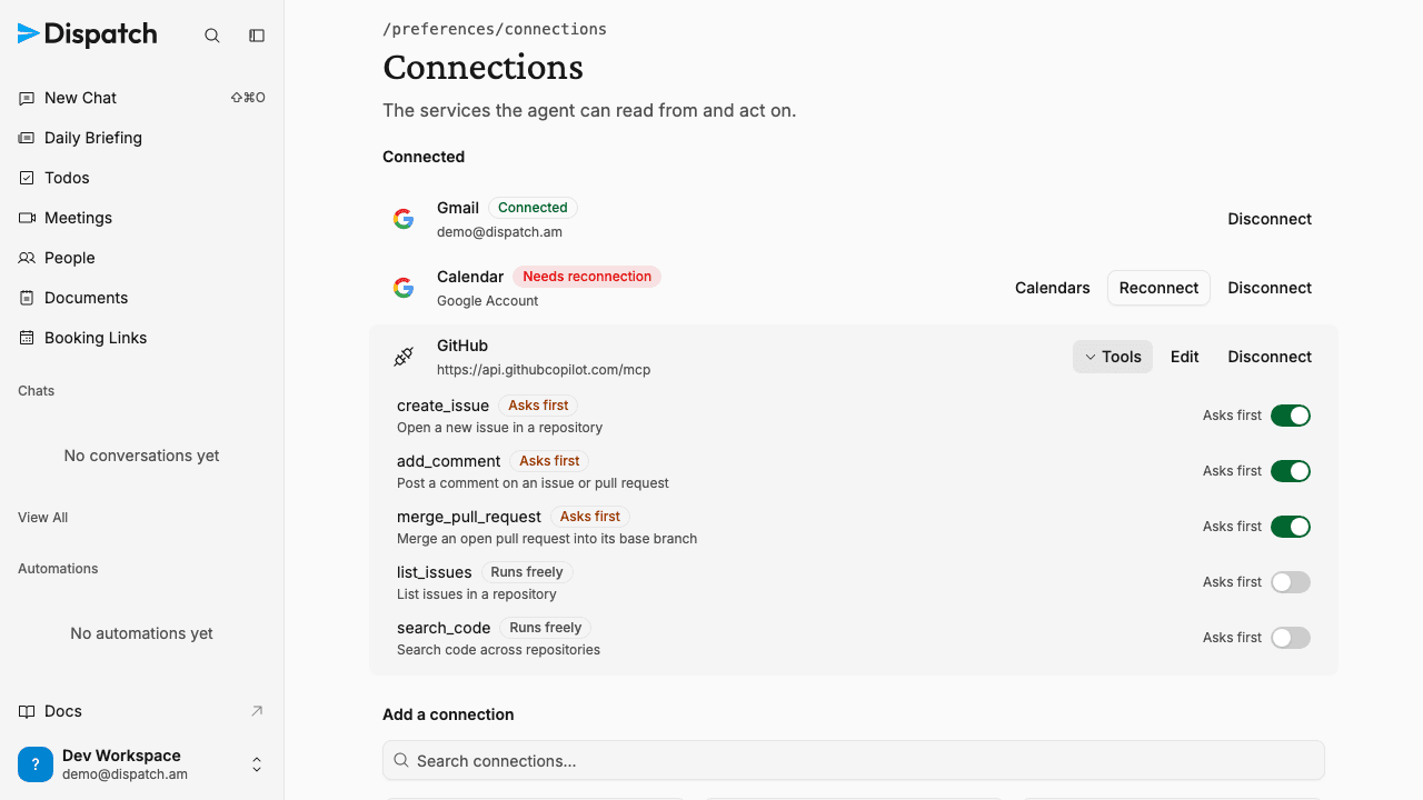 A connection's Tools list on the connections page, each tool showing an "Asks first" or "Runs freely" state with a per-tool toggle