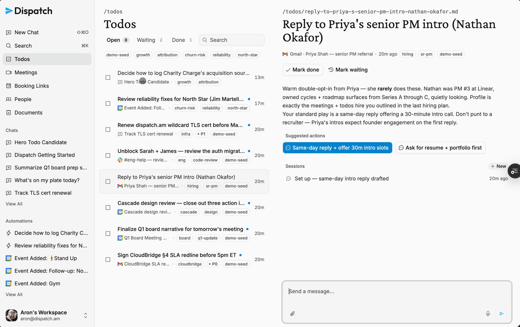 The Todos surface: a status-filtered list on the left and a todo detail pane with suggested actions on the right