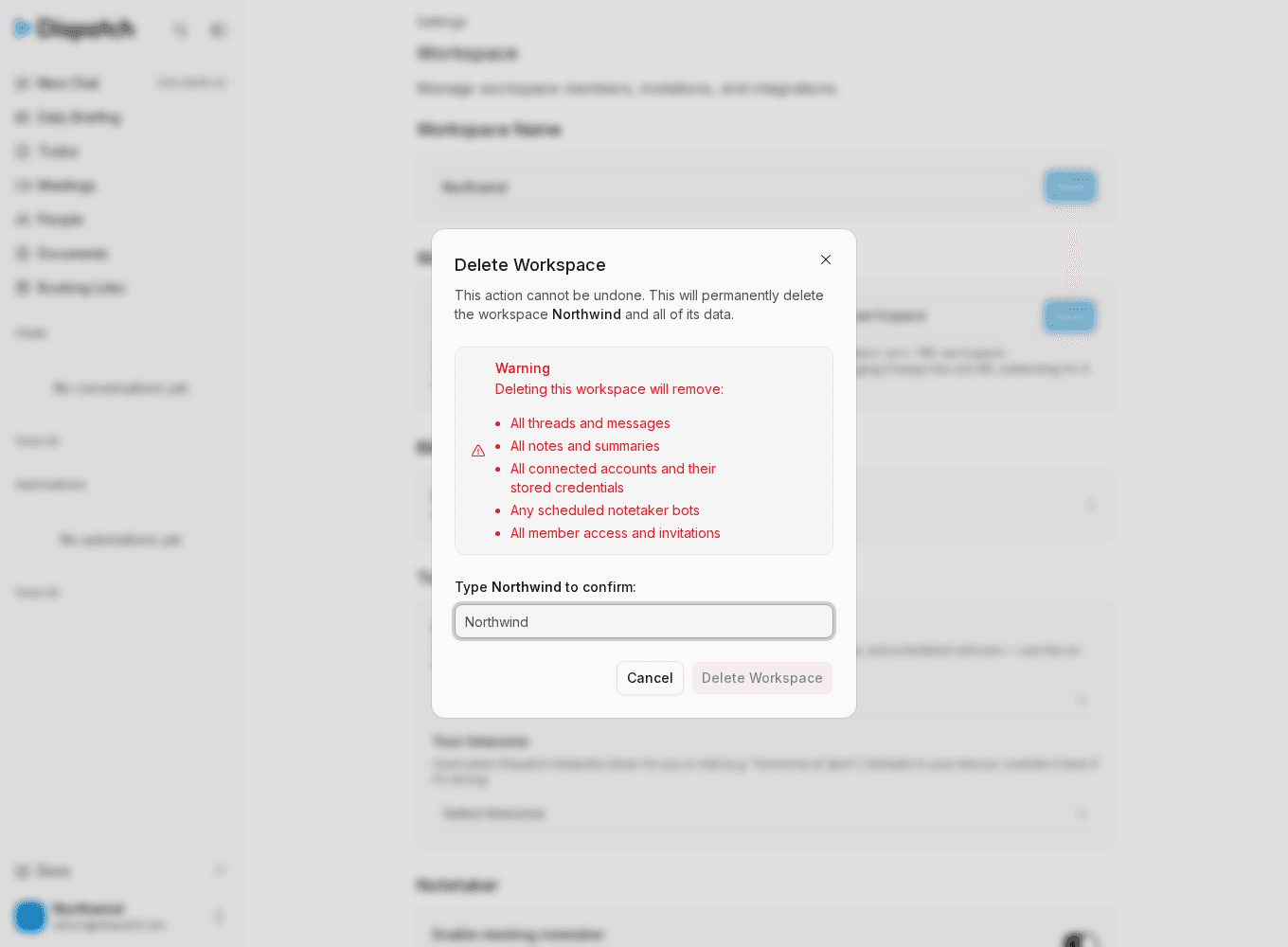 The delete-workspace confirmation in Dispatch, listing what deletion removes — threads and messages, notes and summaries, all connected accounts and their stored credentials, any scheduled notetaker bots, and all member access and invitations